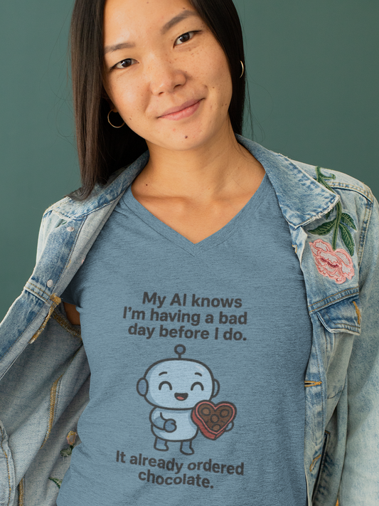 My AI Knows I'm Having a Bad Day Before I Do.  It Already Ordered Chocolate. Ladies' V-Neck Tee
