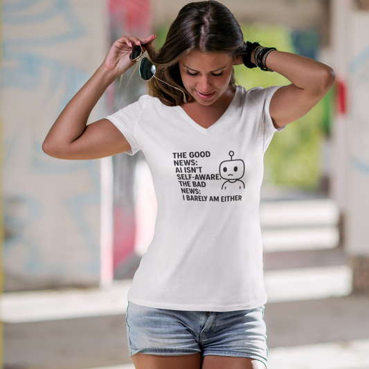 The Good News:  AI Isn't Self-Aware.  The Bad News:  I Barely Am Either. Ladies' V-Neck Tee