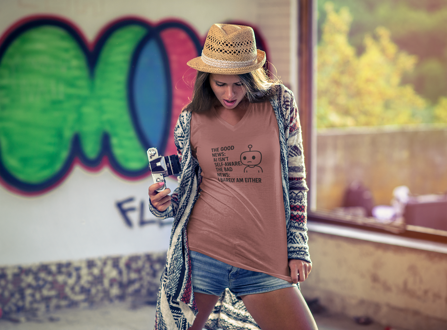 The Good News:  AI Isn't Self-Aware.  The Bad News:  I Barely Am Either. Ladies' V-Neck Tee