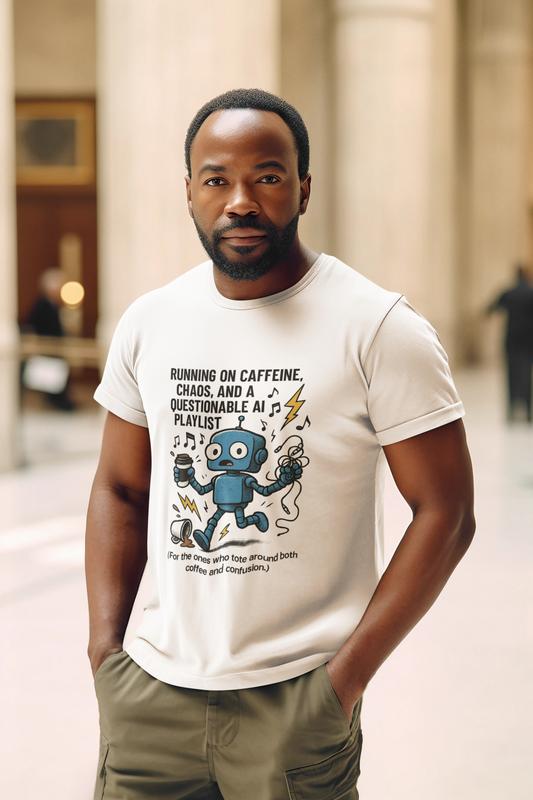 Running on Caffeine, Chaos, and a Questionable AI Playlist.  Unisex Tee