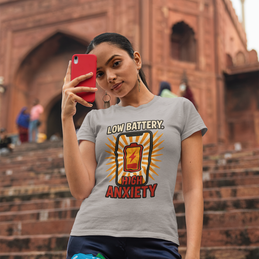 Low Battery. High Anxiety. Women’s basic softstyle t-shirt