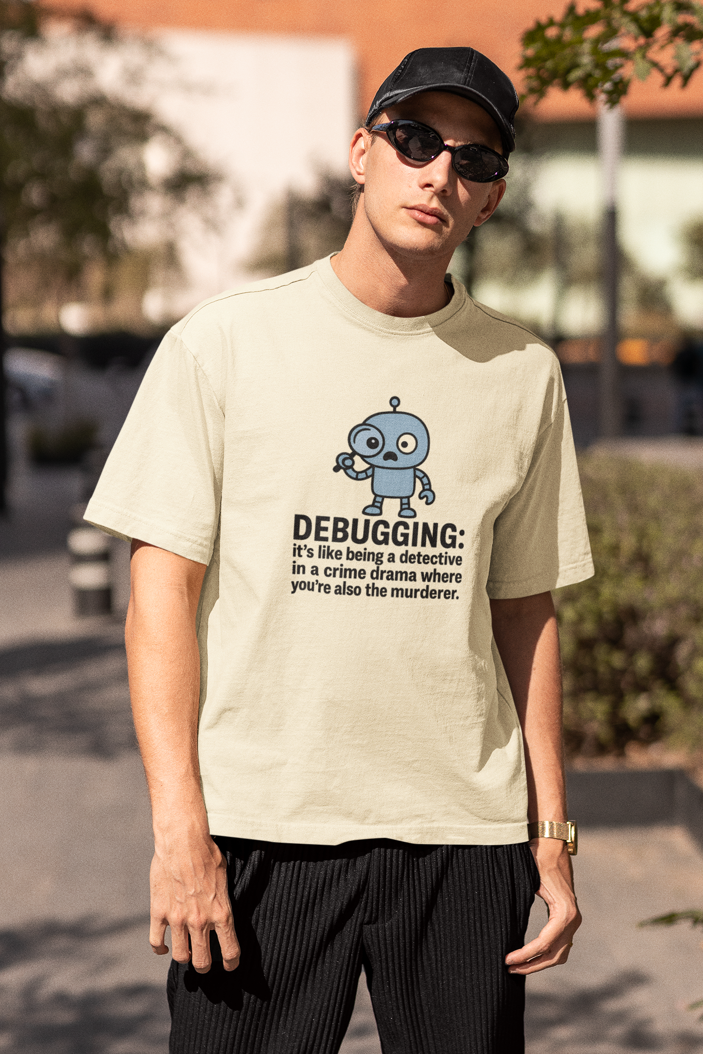 Debugging: It's Like Being a Detective in a Crime Drama Where You're Also The Murderer. Unisex Tee