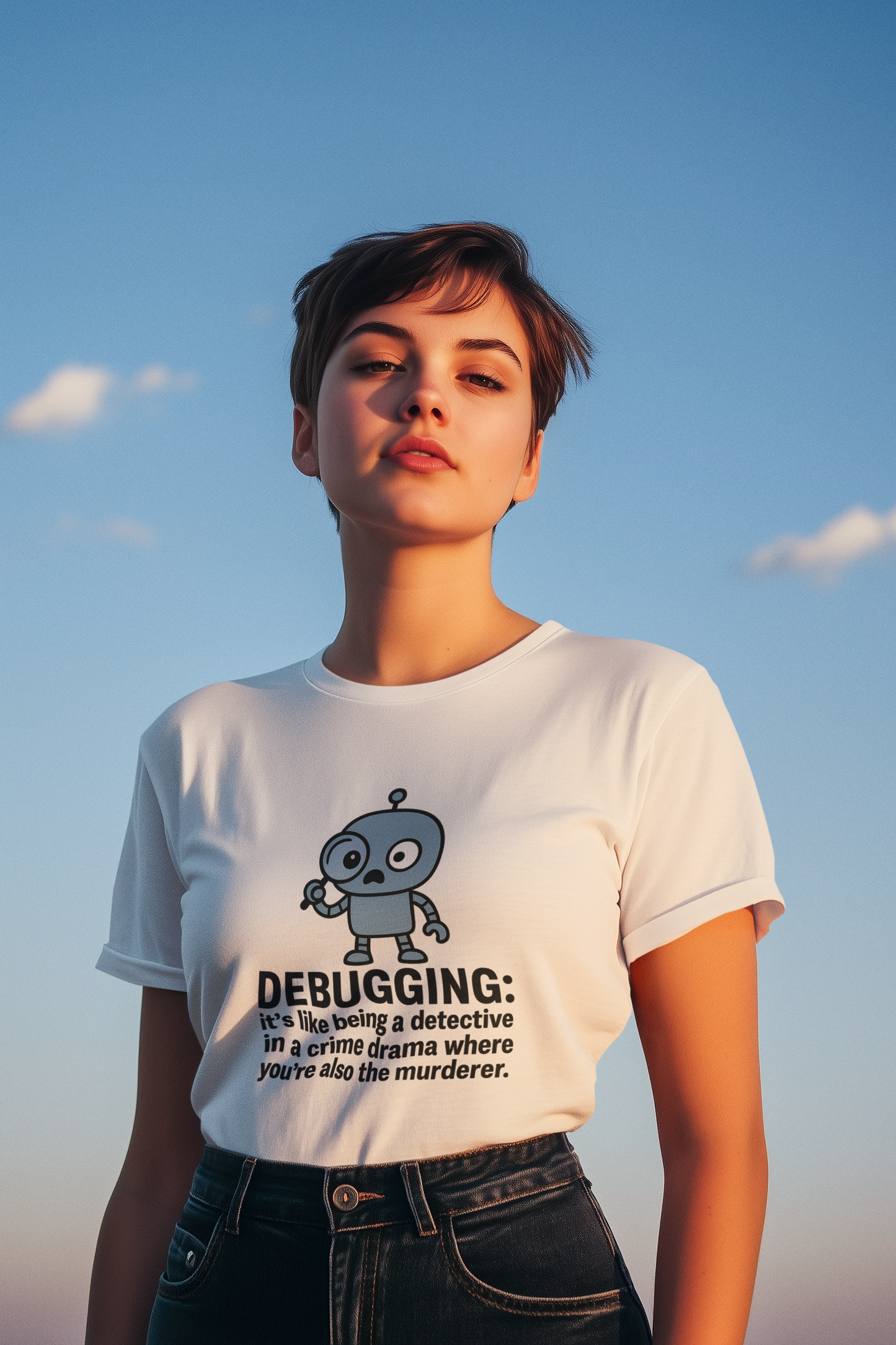 Debugging: It's Like Being a Detective in a Crime Drama Where You're Also The Murderer. Unisex Tee