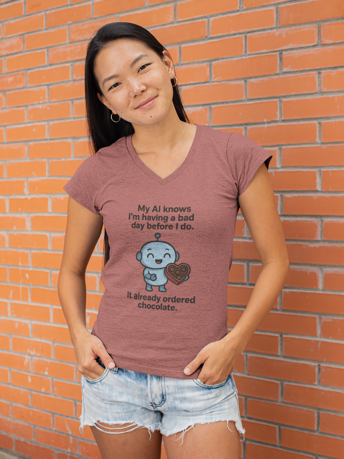 My AI Knows I'm Having a Bad Day Before I Do.  It Already Ordered Chocolate. Ladies' V-Neck Tee